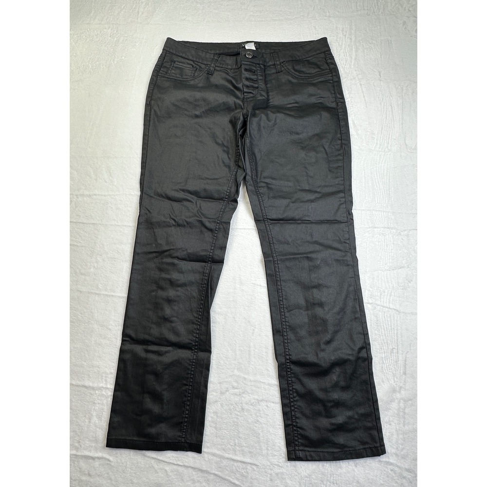 Venus Coated Denim Pants Women 12 Black Button Fly Snap Back Leg Edgy Moto